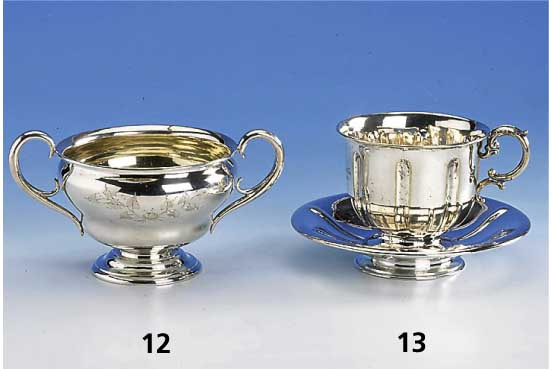 Zuckerschale, Kopenhagen um 1860, 830er Silber, sign. G. Kolling, graviert, Innenvergoldung, 2 Griffe, H ca. 8.5 cm, D ca. 12 cm