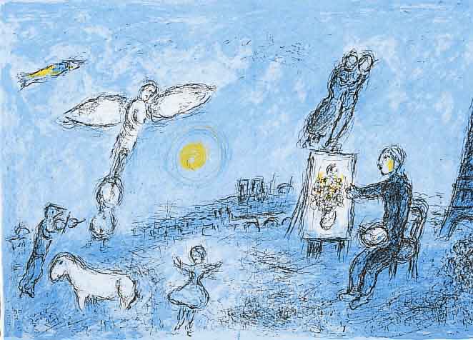 Chagall, Marc, 1887-1985, Der Maler und sein Abbild, Farblithographie, Doppelblatt mit Bugfalte aus DLM, ca. 32 x 46 cm, PP, u.Gl., R