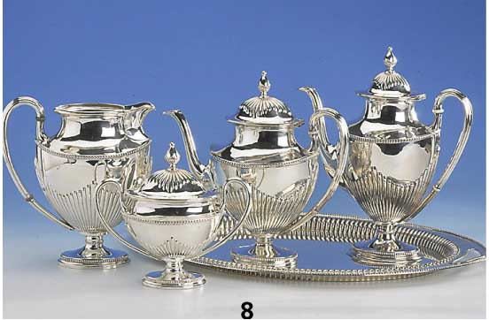 5-teil. Kaffee- und Teeservice, Italien, 20 Jh., 800er Silber, reiner Klassizismus, Perlleistenverzierung, abstr. floral, best. aus: 2 Kannen, ...
