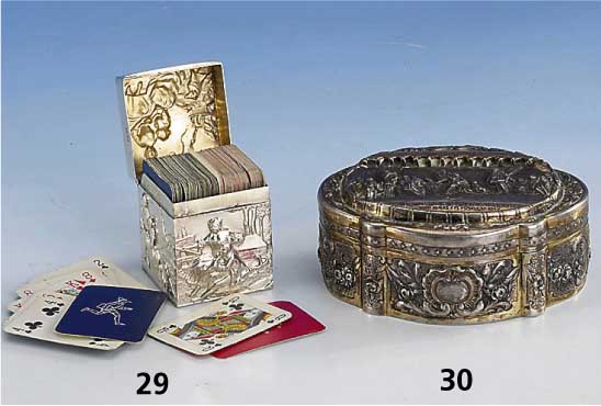 Bridgespiel, England um 1910, 925er Silber, London, innenvergoldet, nach niederlÄnd. Vorbild, umlaufende Szenerien, Rokokoszenen, Spiel ...