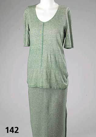 RENA LANGE-Zweiteiler, Gr. 36, Baumwolle/Cashmere, grÜn meliert, Rock mit Schlitz L. ca. 82 cm, kurzÄrmeliges T-Shirt