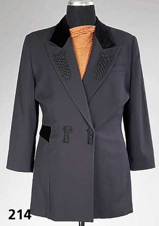 Longblazer STIFF, Gr. 42, reine Wolle, anthrazit mit schwarzem Samt, Stickerei, KnÖpfe mit Quasten, RÜckenl. ca. 83 cm