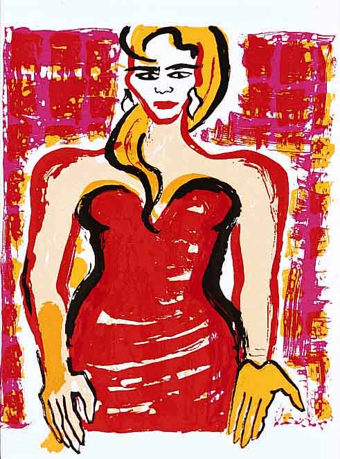 Bach, Elvira, geb. 1951, Farbsiebdruck, Die rote Diva, rechts unten signiert u. dat. 98, num. 87/99, 18 x 21 cm
