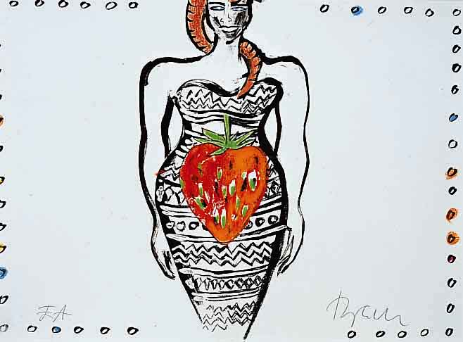 Bach, Elvira, geb. 1951, Lithographie, Frau in Abendkleid mit Erdbeere, rechts unten signiert, E.A. ausserhalb der Auflage von 60, handkoloriert, ...