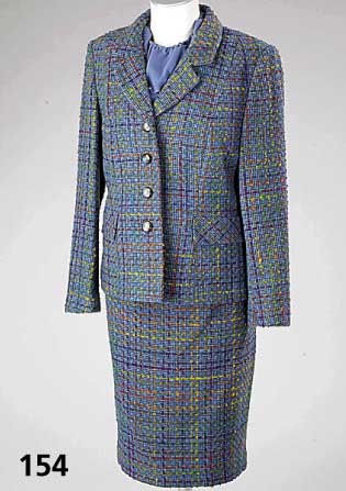 KostÜm mit Bluse, Gr. 40, LIZ MALRAUX-Design, Blau-Melange-Karo, best. aus: Jacke und Rock, passende Kurzarmseidenbluse mit losem ...