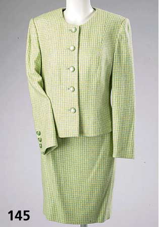 KostÜm, apfelgrÜn-gelb-kariert mit Kashmir, LIZ MALRAUX-Design, Gr. 40, kragenlose Jacke, L. 55 cm und Rock, L. ca. 53 cm, ehem. UVP lt. Einl. ...