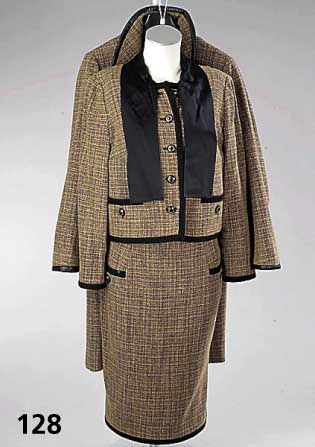 Komplett-Outfit in Camel-Schwarz, LIZ MALRAUX- Design, Gr. 40, Wolle mit Lederbesatz, KostÜm best. aus: Rock mit Taschen und kurze Blazerjacke, ...