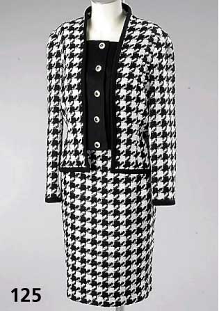 Hahnentritt-KostÜm, Schwarz-Weiß, Gr. 40, LIZ MALRAUX-Design, Schurwolle, Rock mit Schlitz, L. ca. 62 cm, kragenloser Blazer, L. ca. 64 cm, ...