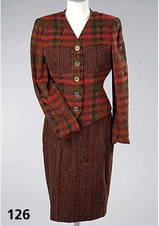 KostÜm, UNGARO, Gr. 38, Wolle, Orange-GrÜne Herbstfarben, Rock lÄngs ge- streift, L. ca. 63 cm, kragenloser Blazer kariert, L. ca. 50 cm, ...