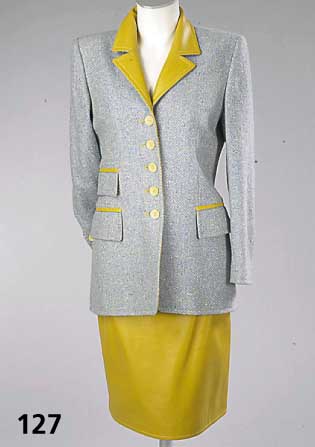 KostÜm, MARIO BORSATO-Couture, Gr. 38, Wolle/Leder, gelber Lederrock, L. ca. 57 cm, blau-gelbe Jacke mit gelbem Lederkragen, Jackentaschen mit ...