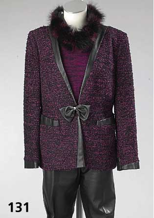 Outfit von LIZ MALRAUX-Design, Gr. 40, best. aus: schwarzer Pelettahose, Jacke Boucle schwarz-pink mit Palettabesatz und Schleife, ...