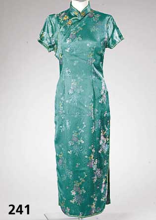 Seidenabendkleid im Susi-Wong-Stil, Gr. 38, handgefertigt in China, YUETAN, tÜrkisfarb. mit BlÜten, L. ca. 133 cm