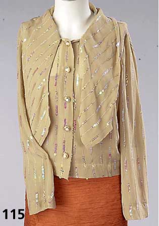 Transparente Abendbluse, Gr. 40, beige mit Pailetten bestickt, LIZ MALRAUX Design, L. ca. 44 cm