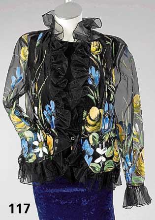 Schwarze RÜschenbluse, handbemalt, Gr. 38, schwarzes Unterziehtop aus Seide, Einzel- anfertigung von LIZ MALRAUX Design, ehem. UVP lt. Einl. DM ...