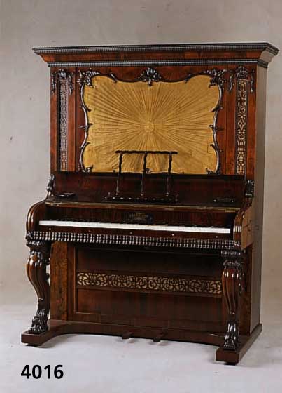 Klavier, J.& H. Moore, London, um 1850/60, aufwendiges MÖbel, z.T. massiv Palissander, FÜße geschnitzt und geschweift, wuchtige Veluten und ...