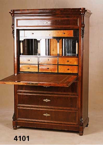 Schreibschrank, sÜddeutsch, um 1860/70, Korpus Weichholz, Nußbaum, Wurzelnuß z.T. ge- spiegelt, schÖne Maserung, original Schloß, SchlÜssel ...
