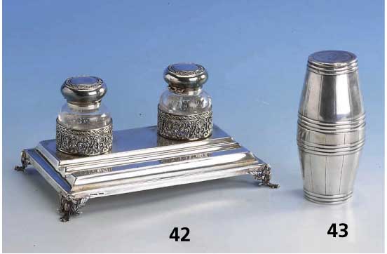 Schrebitischablage mit 2 TinenfÄssern, 925er Silber, Meistermarke T. FREDBERG, Norwegen, Ablagenleiste fÜr 2 Stifte, TintenfÄsser Glas, ...
