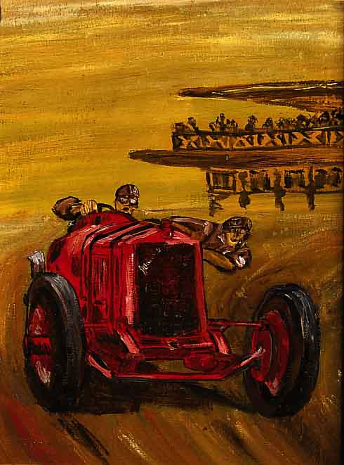 Offelsmeyer, Cucuel, Szene aus einem Autorennen, Öl/Lwd, signiert, rÜckseitig beszeichnet: Der O.M. Supra (Bugatti), des Prinzen zu Schaumburg- ...
