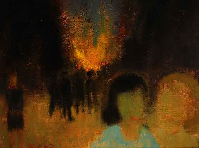 Horup, Knud, 1926 - 1975, skandinavischer KÜnstler, nÄchtliches Feuerwerk mit Zuschauern, Öl/Lwd. (etwas reinigungsbed.), sign., 60 x 70 cm, R.