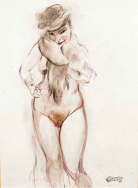 Grosz, George, 1893-1959, stehender weiblicher Akt mit Pelzstola, Aquarell auf Papier, re. u. Stempelsignatur, rÜckseitig Nachlaßstempel mit ...