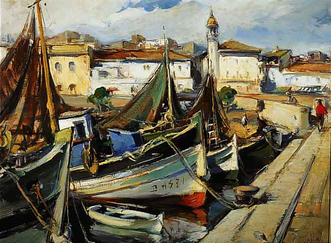 Sarquella Escobet, Josep, geb. 1928 Spanien, international geschÄtzter spanischer KÜnstler, hier ein frÜhes Werk um 1950: Mediterraner Hafen mit ...