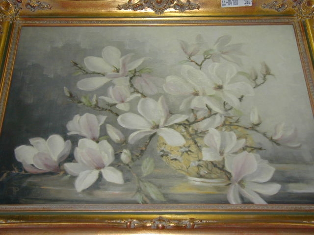 Monogamist, deutsch, 50er Jahre, Magnolienzweige in Vase, Öl auf Leinwand, im Barockstilrahmen