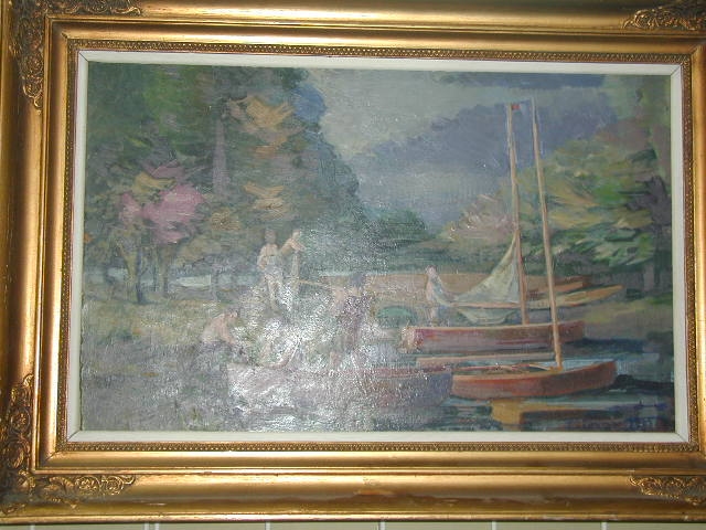 L. Enaxcon, franzÖsische Malerei, 50er Jahre, Öl auf Pappe, Thema: Belebte Flußlandschaft mit Segelbooten, feine Tonigkeit, rÖtliche und ...