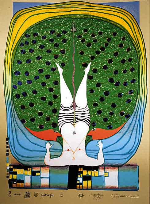 Hundertwasser, Friedensreich, 1928-2000, Hommage a SchrÖder Sonnenstern, Farbsieb- druck mit MetallfolienprÄgung, von Hundert- wasser ...