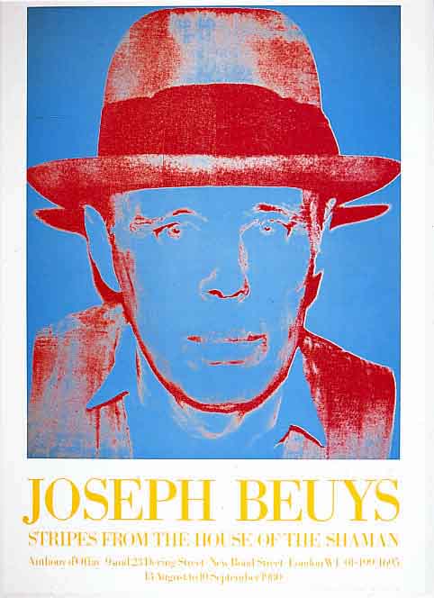 Warhol, Andy, 1928-1987, Plakat zur JoSeph Beuys Ausstellung London 1980, Farboffset, von Joseph Beuys handsign., ca. 72x50 cm, u.Gl., R.