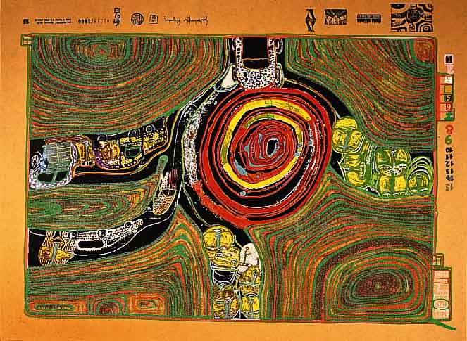 Hundertwasser, Friedensreich, 1928-2000, Kreisverkehr, Farbsiebdruck mit Metallfolien- prÄgung aus der Regentag-Mappe, im Druck sign., num. ...