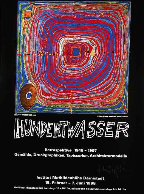 Hundertwasser, Friedensreich, 1928-2000, Der große Weg, Plakat zur Ausstellung Mathil- denhÖhe 1998, Farboffset, handsigniert, ca. 84 x 59 cm