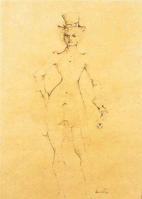 Fini, Leonor, 1908 - 1996, femme tenant une rose, Tuschfederzeichnung auf Japanpaier, re. u. handsigniert, ca. 29 x 20 cm, PP, u.Gl., R.