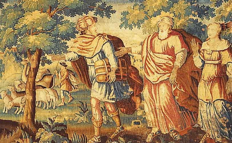 Gobeline, Flandern, um 1620, ca. 329 x 185 cm .AltersgemÄßer Zustand .Seide korediert Moses auf dem Weg zum Berg Sinai.