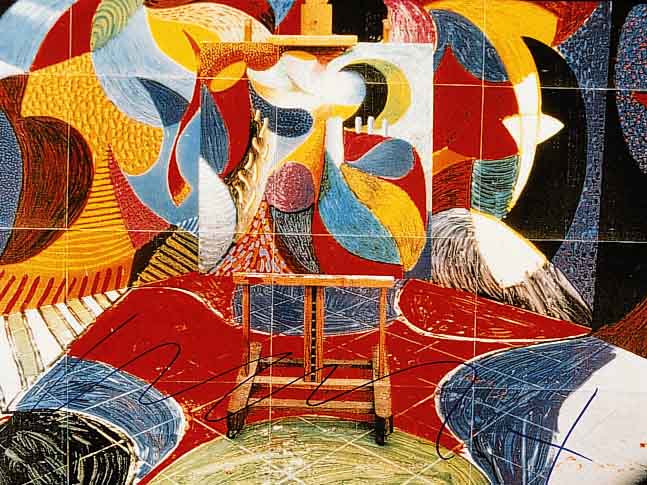 Hockney, David, geb. 1937, Farbfotografie, handsigniert, rÜckseitig gestempelt: Museen der Stadt KÖln, Museum Ludwig, ca. 17.5 x 20.5 cm