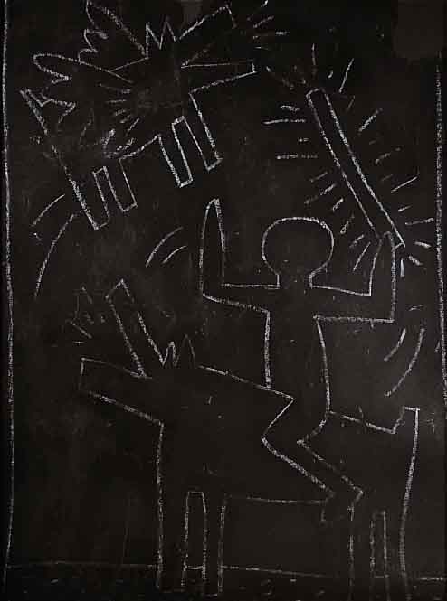 Haring, Keith, 1958 - 1990, Subway Drawing, Kreide auf schwarzem Papier, auf Lwd aufgezogen, ca. 125 x 87 cm