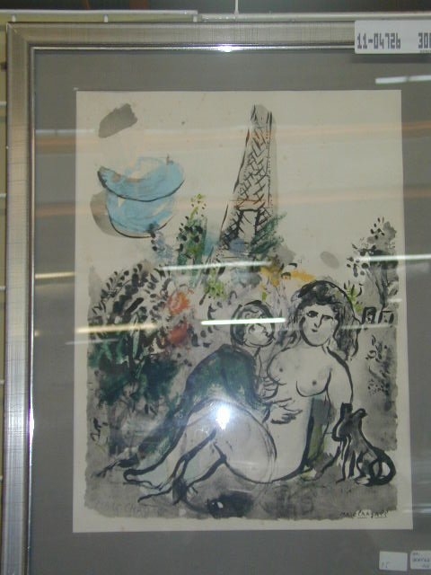 Marc Chagall, Lithographie, Liebende vor dem Eifelturm, im Stein signiert, stockfleckig