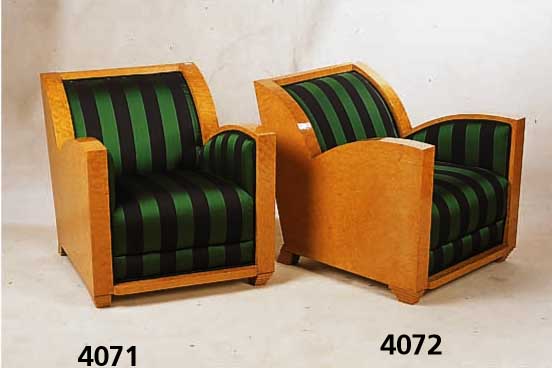 ArtDeco-Sessel, Frankreich, um 1932/36, mas- siv gearbeitet, Bergahornwurzelfurnier, z.T. gespiegelt, Polster und Bezug stilvoll erneu- ert, ...
