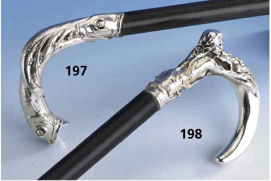 Spazierstock: Jugendstil-Akt mit BlÜten, 925er Silber, Modell um 1900, Ausformung spÄter, dunkler Bucheschuß mit Gummiabschluß, H ca. 103 cm, ...