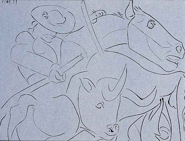 Picasso, Pablo, 1881 - 1973, vier Farblinol- schnitte mit Stierkampfszenen, Hatje-Verlag Stuttgart 1962, je ca. 27 x 32 cm, PP