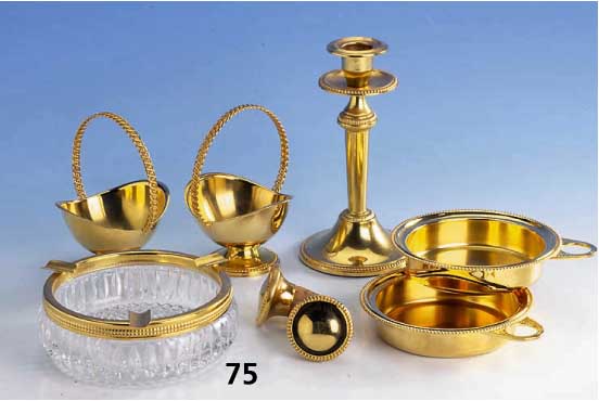 6-teiliges Set, Wolf, Pforzheim, Feingold- auflage, best. aus: Kerzenleuchter, 2 Henkel- schÄlchen, 1 Aschenbecher, Korpus Glas, 2 ...