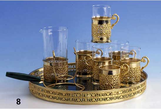 Teeservice mit Tablett, Italien 50er Jahre, Metall vergoldet, Tablett mit grÜnem Ziegenleder, glasiert, best. aus: 6 Teeglashalter (5 ...