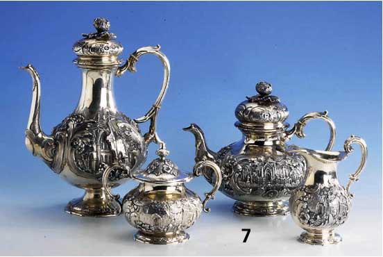 4-teiliges Kaffee- bzw. Teeservice, deutsch um 1850/60, 3 x 13-lÖtig, 1 x 12- lÖtig, Meistermarke JR - ligiert, ungedeutet, Treibarbeit, ...