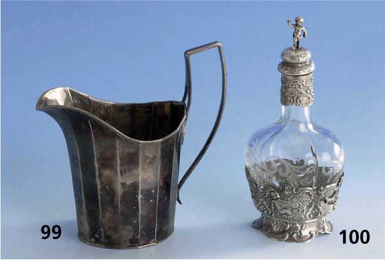 Flakon, Hanau um 1922/26, 800er Silber, Marke SSH - Storck & Sinsheimer, Barockstil, z.T. figural, Glaseinsatz, gebaucht, in die Form geblasen, ...