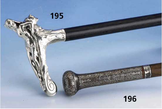 Damenflanierstock, Österreich um 1880, Silberdraht eingelegt, Schuß Rotbuche geschwÄrzt, Bes.-Monogr. OW bzw. OM, L. ca. 81 cm