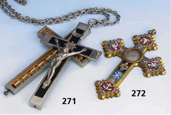 Pilgerkreuz um 1900, sÜddeutsch, ReliquienbehÄlter, Hl. Ursula, Hl. Viktoria, Hl. Liberatus, Hl. Sigesmund, verschraubbar, an Kette, L. ca. 15 ...