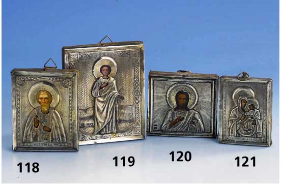 Ikone: VerkÜndender Jesus, Rußland zw. 1898-1912, 84er Silberoklat, graviert. Malerei schwundrissig, ca. 7 x 8 cm