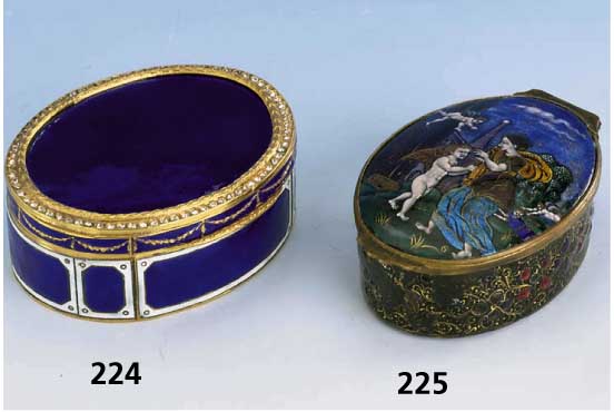 Deckeldose, Limoges, Frankreich angeh. 19. Jh., schwarzgrundig, Korpus Kupfer, z.T. transluzid emailliert, partiell mit Silber- und Goldfolie ...