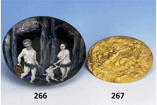 Schale, Limoges um 1630-1650, Korpus Kupfer, emailliert/gegenemailliert, schwarzgrundig, feine, lasierende mehrfach geschichtete, bunte Malerei, ...