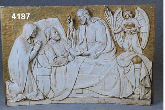 Bildplatte, deutsch, um 1860/70, Halbrelief, Linde, Darstellung der Wiedererweckung des Lazarus, Jesus, Maria und Lazarus, Engel mit Ölzweig und ...