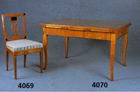 6 StÜhle, im Empirestil, Kirschbaum massiv, nach Vorbild von 1790/1800, Beine gerieft, RÜckenteil sparsam intarsiert, Zierteil konkav /konvex ...